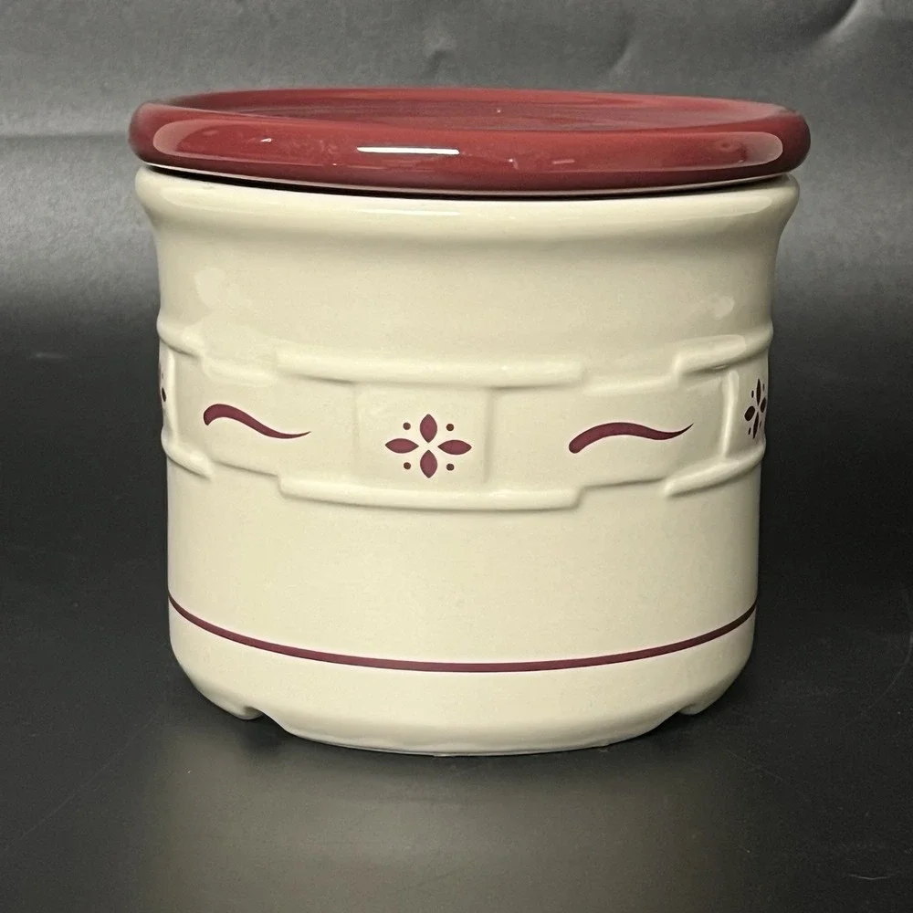 Longaberger Pottery Red Woven Traditions pint Crock, Lid, Coaster & New Candle
